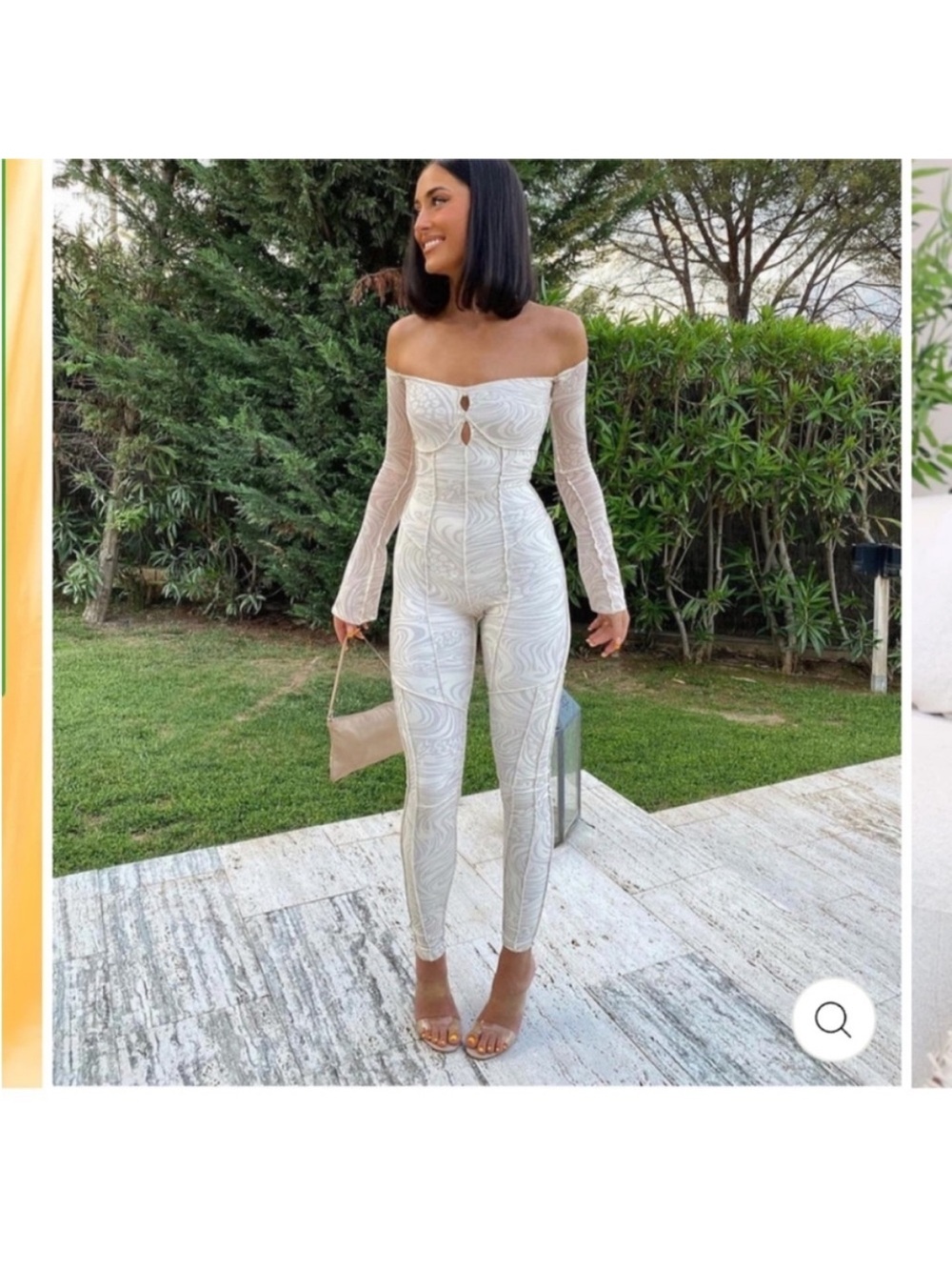 Off-Shoulder Cream Patterned Jumpsuit - Picture 4 of 8